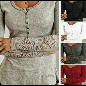 💕Lace crochet cutout long sleeve henley style.